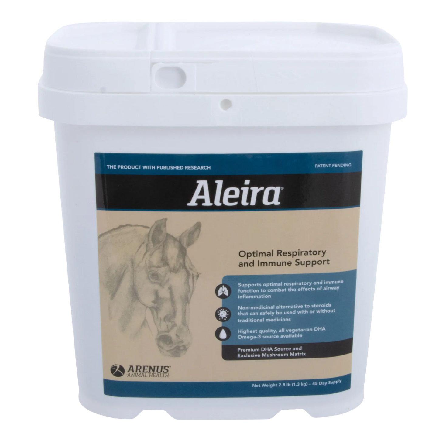 Aleira®,"White plastic tub with hinged lid and horse label"