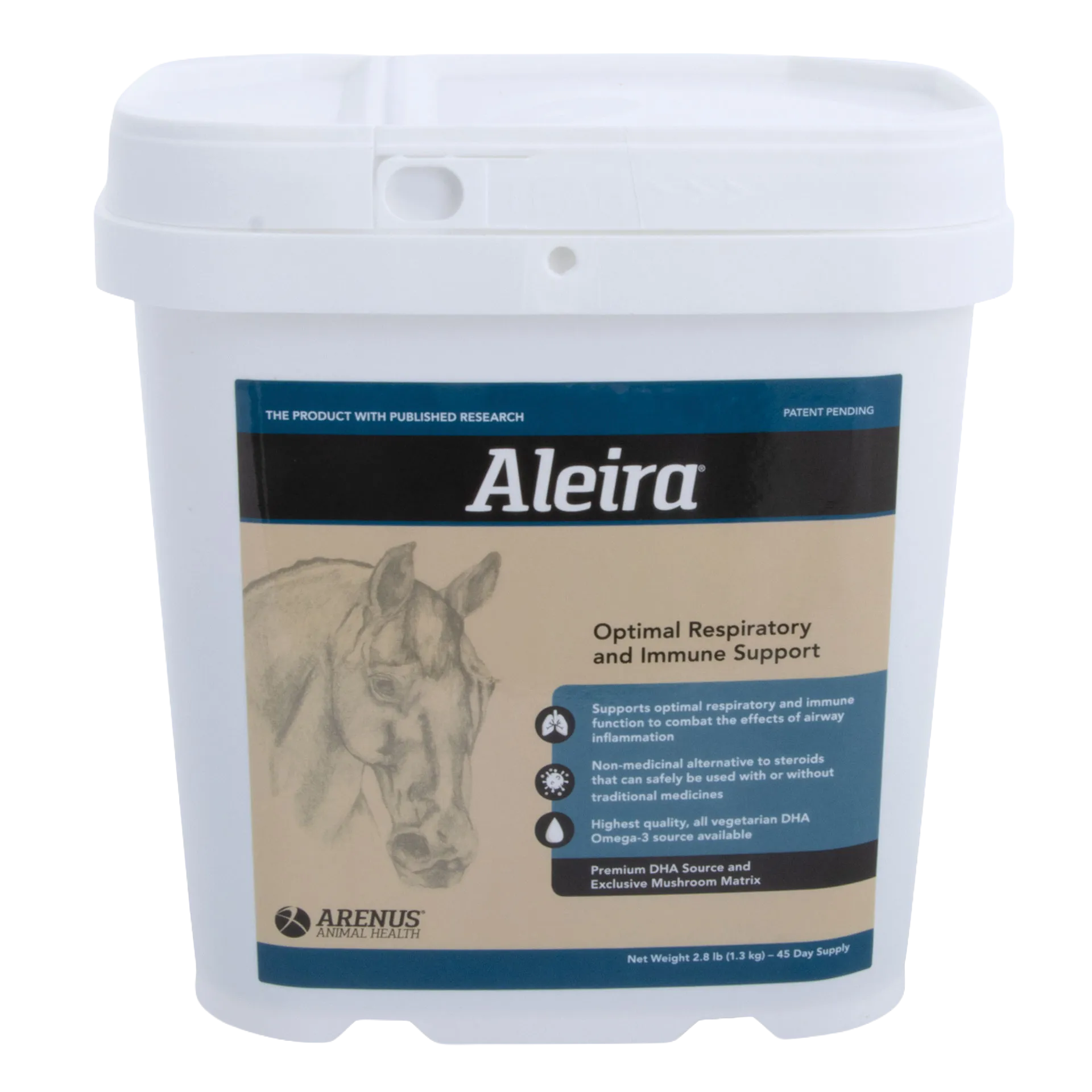 Aleira®,"White plastic tub with hinged lid and horse label"