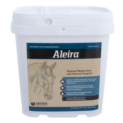 Aleira®,"White plastic tub with hinged lid and horse label"