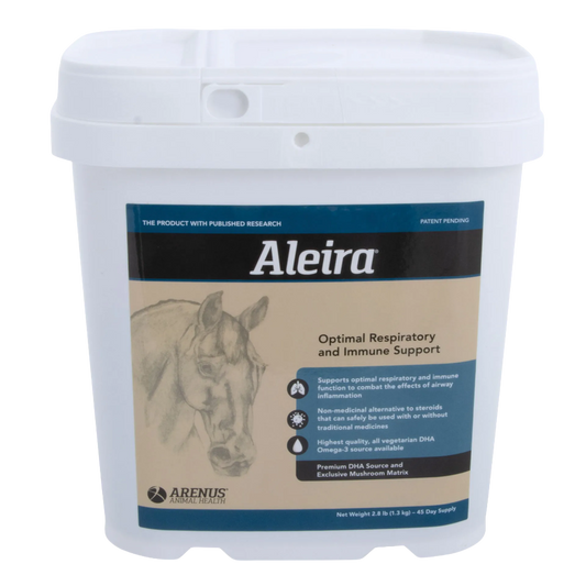 Aleira®,"White plastic tub with hinged lid and horse label"