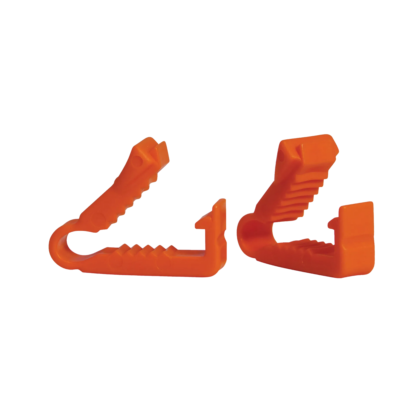 Breeder's Edge® Clean Cut™ Umbilical Clamps,"Two orange plastic clamps shown from side angles"