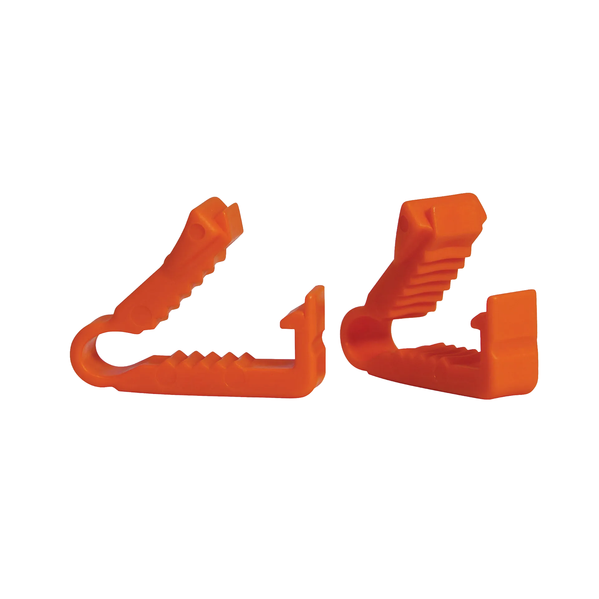 Breeder's Edge® Clean Cut™ Umbilical Clamps,"Two orange plastic clamps shown from side angles"