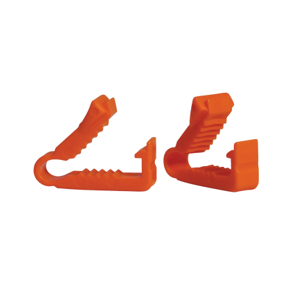 Breeder's Edge® Clean Cut™ Umbilical Clamps,"Two orange plastic clamps shown from side angles"