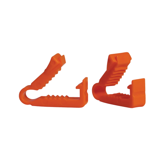Breeder's Edge® Clean Cut™ Umbilical Clamps,"Two orange plastic clamps shown from side angles"