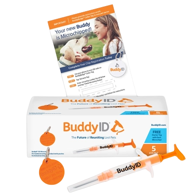 BuddyID®  ISO Microchip,"Box with pet ID tags, syringe, and registration card"