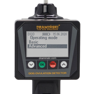 Draminski Dog Ovulation Detector,"Front view of handheld detector with display and buttons"
