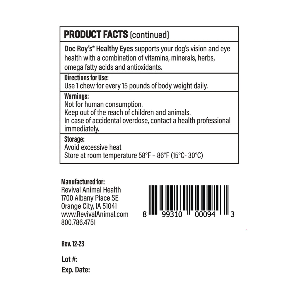 Doc Roy's® Healthy Eyes™,"Back label with product facts and barcode"