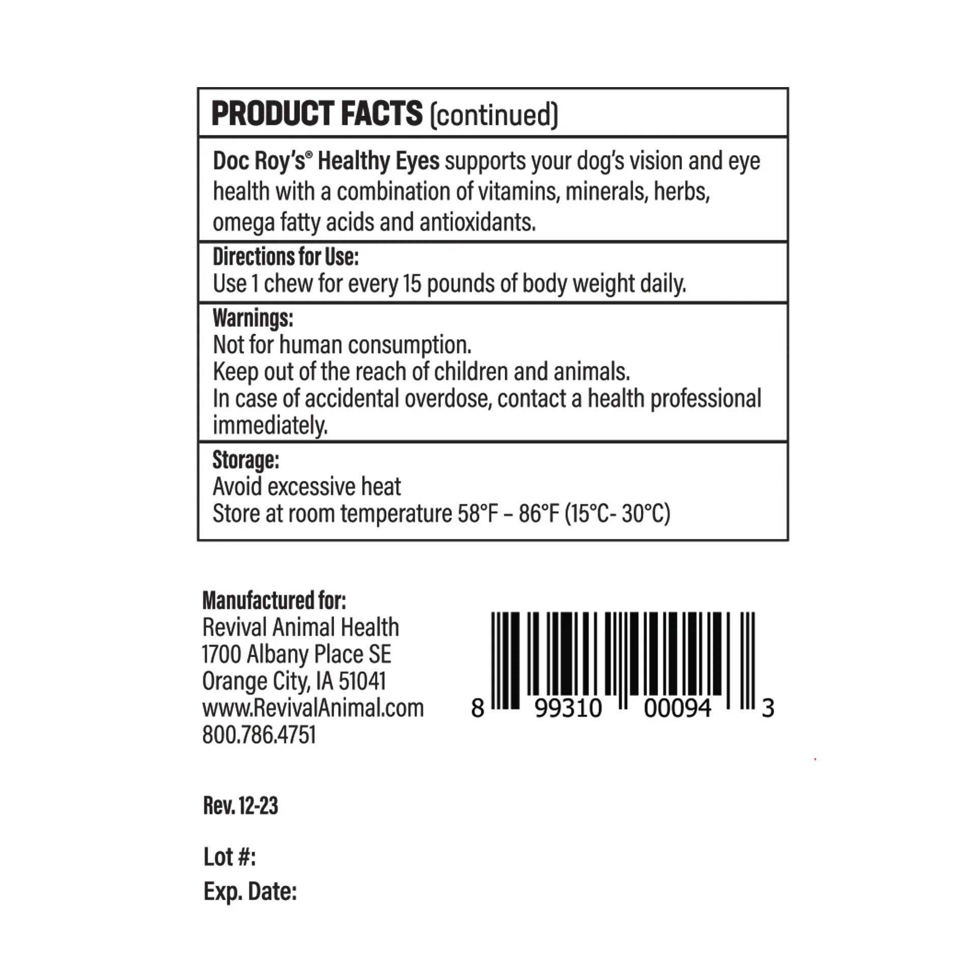 Doc Roy's® Healthy Eyes™,"Back label with product facts and barcode"