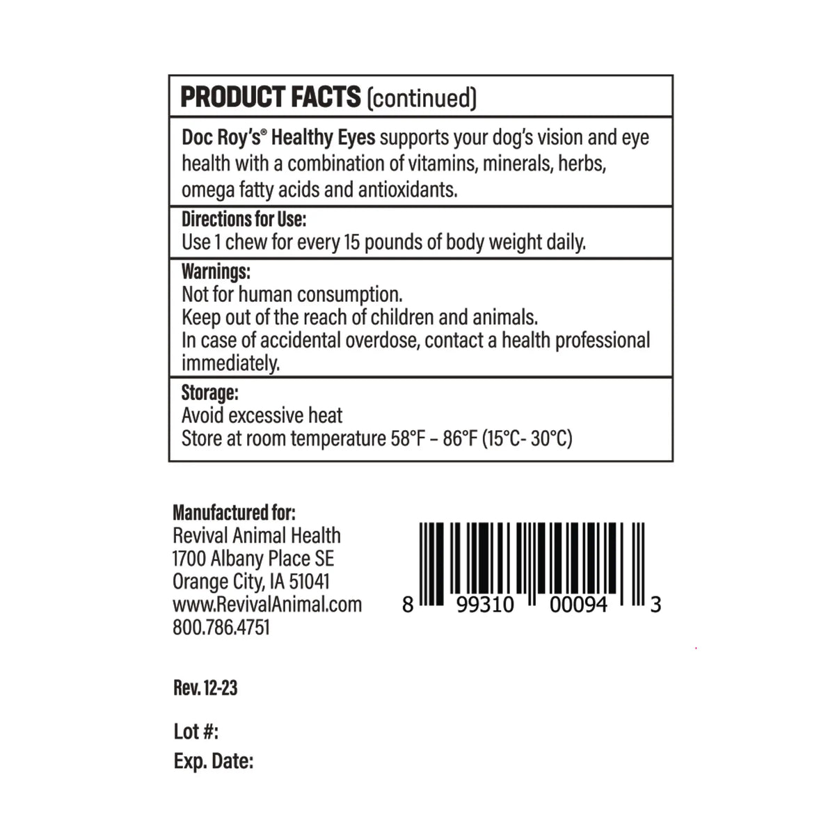 Doc Roy's® Healthy Eyes™,"Back label with product facts and barcode"