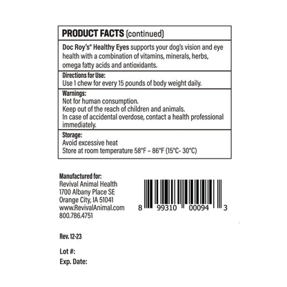 Doc Roy's® Healthy Eyes™,"Back label with product facts and barcode"