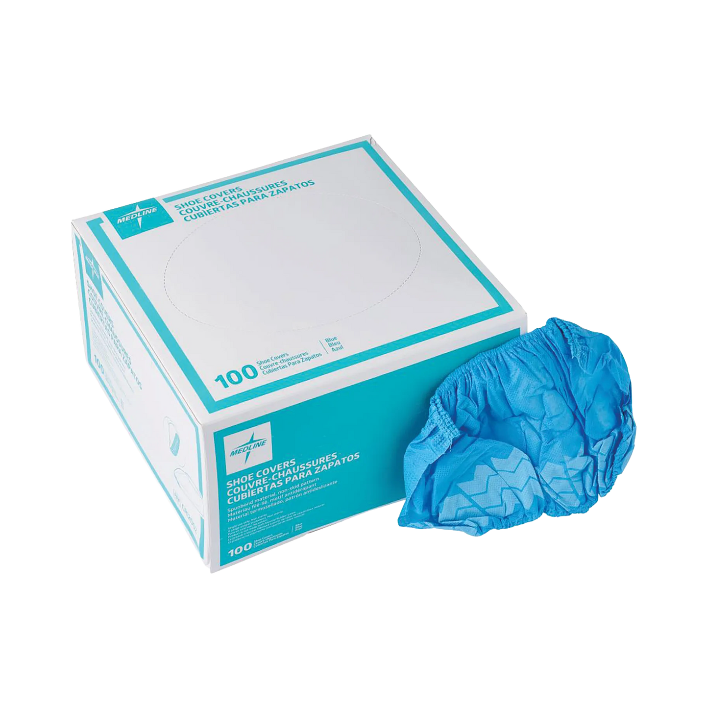 Spunbonded Polypropylene Nonskid Shoe Covers,"Blue shoe covers beside dispenser box"