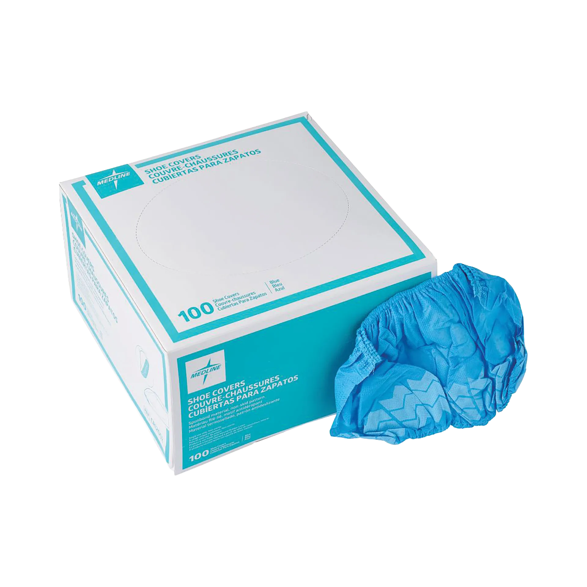 Spunbonded Polypropylene Nonskid Shoe Covers,"Blue shoe covers beside dispenser box"
