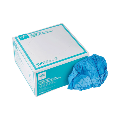 Spunbonded Polypropylene Nonskid Shoe Covers,"Blue shoe covers beside dispenser box"