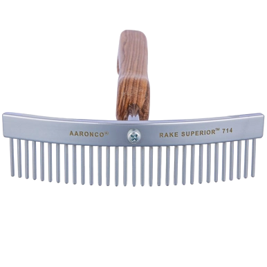 Aaronco Rake Superior Shortey Dematter,"Metal grooming rake with curved head and wooden handle"