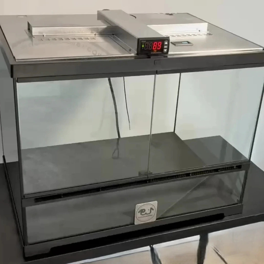 Puppywarmer® Puppy Incubator,"Glass-front incubator with digital control panel and sliding top lid"