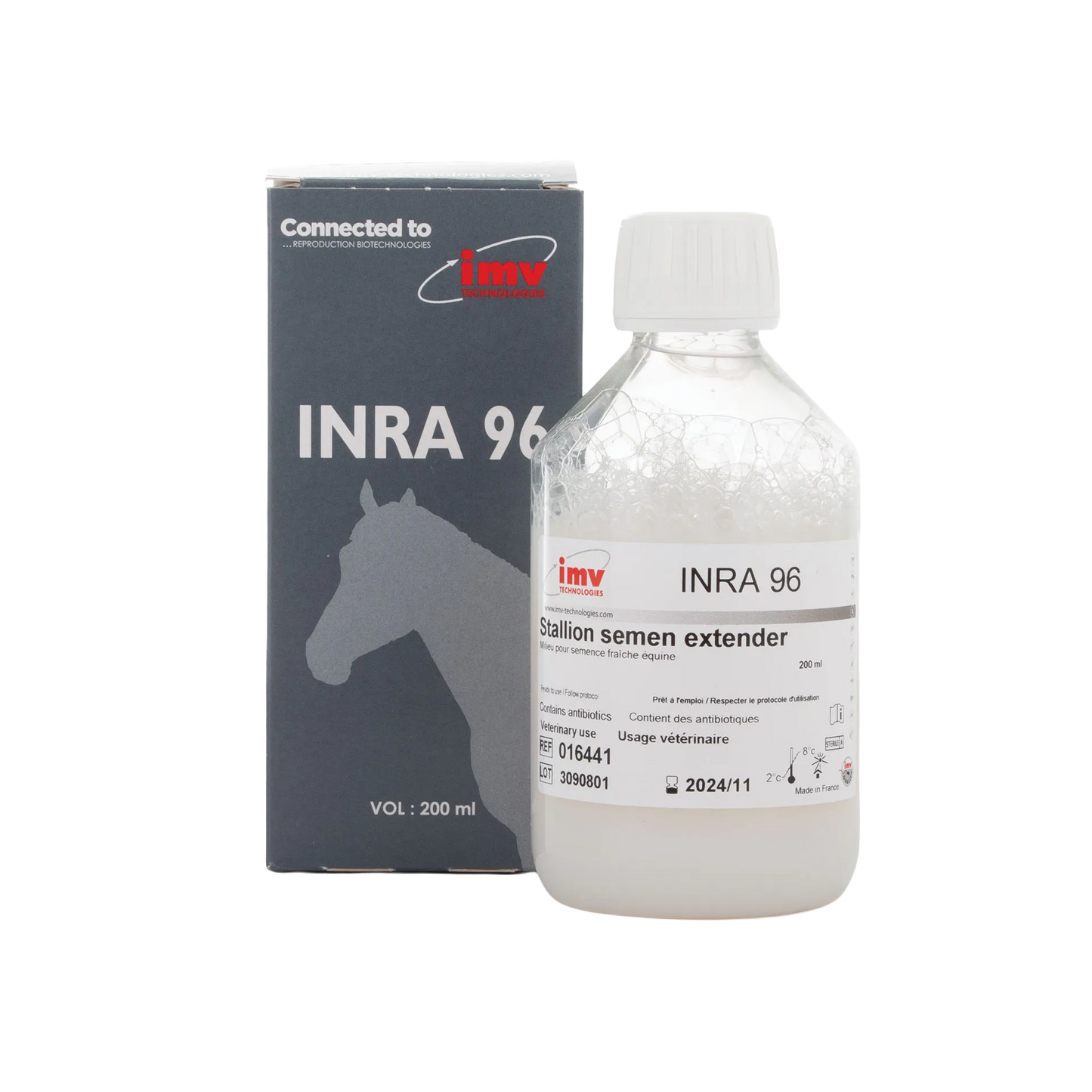 INRA 96 Extender,"Plastic bottle with white cap beside black product box"