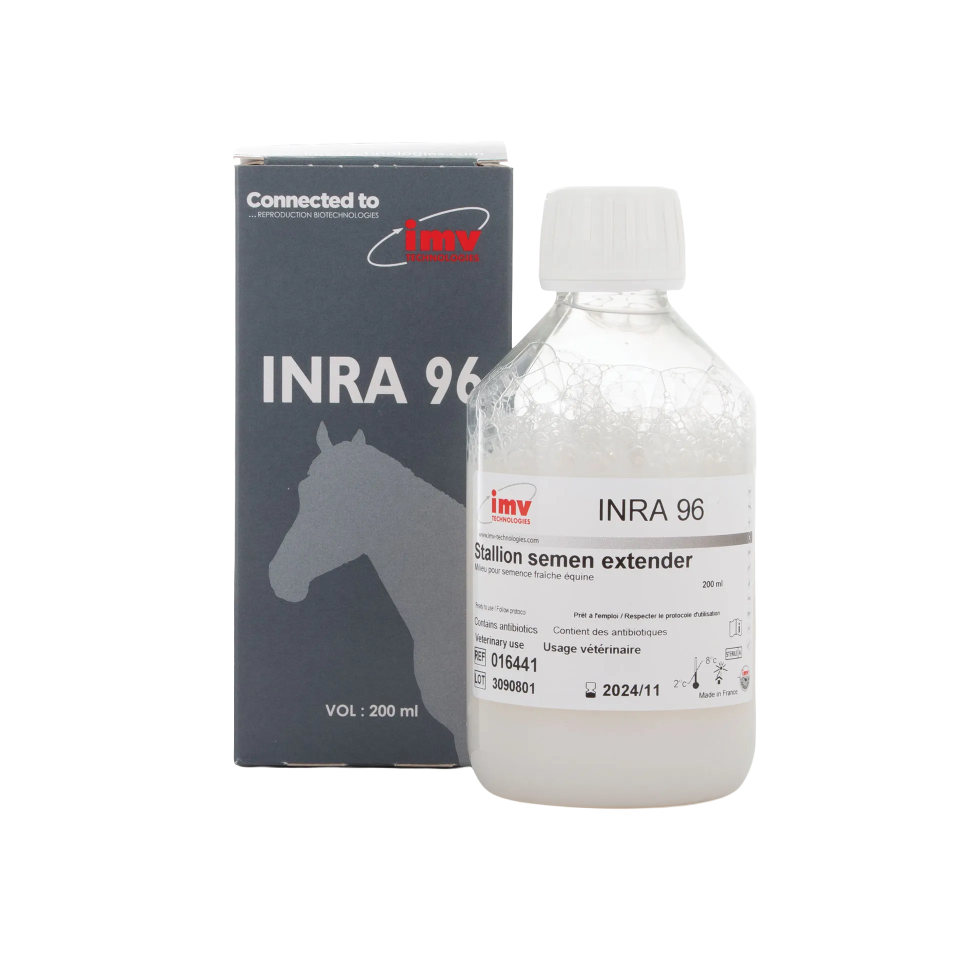INRA 96 Extender,"Plastic bottle with white cap beside black product box"