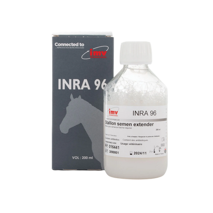 INRA 96 Extender,"Plastic bottle with white cap beside black product box"
