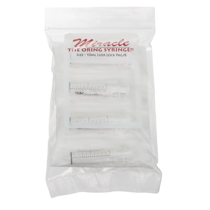 Miracle Nipple O-ring Syringe,"Pack of clear 10 mL syringes in sealed plastic bag"