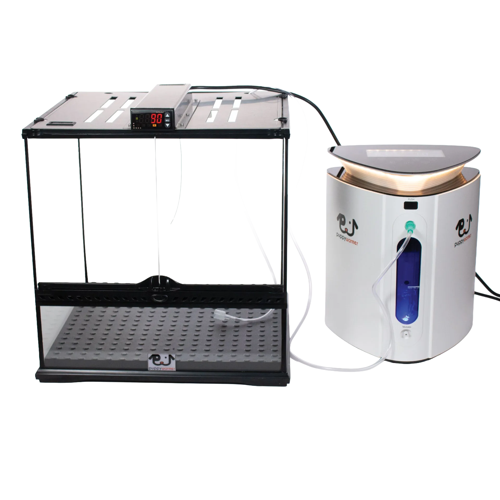 Puppywarmer® Puppy Incubator,"Clear incubator chamber with connected humidifier unit"