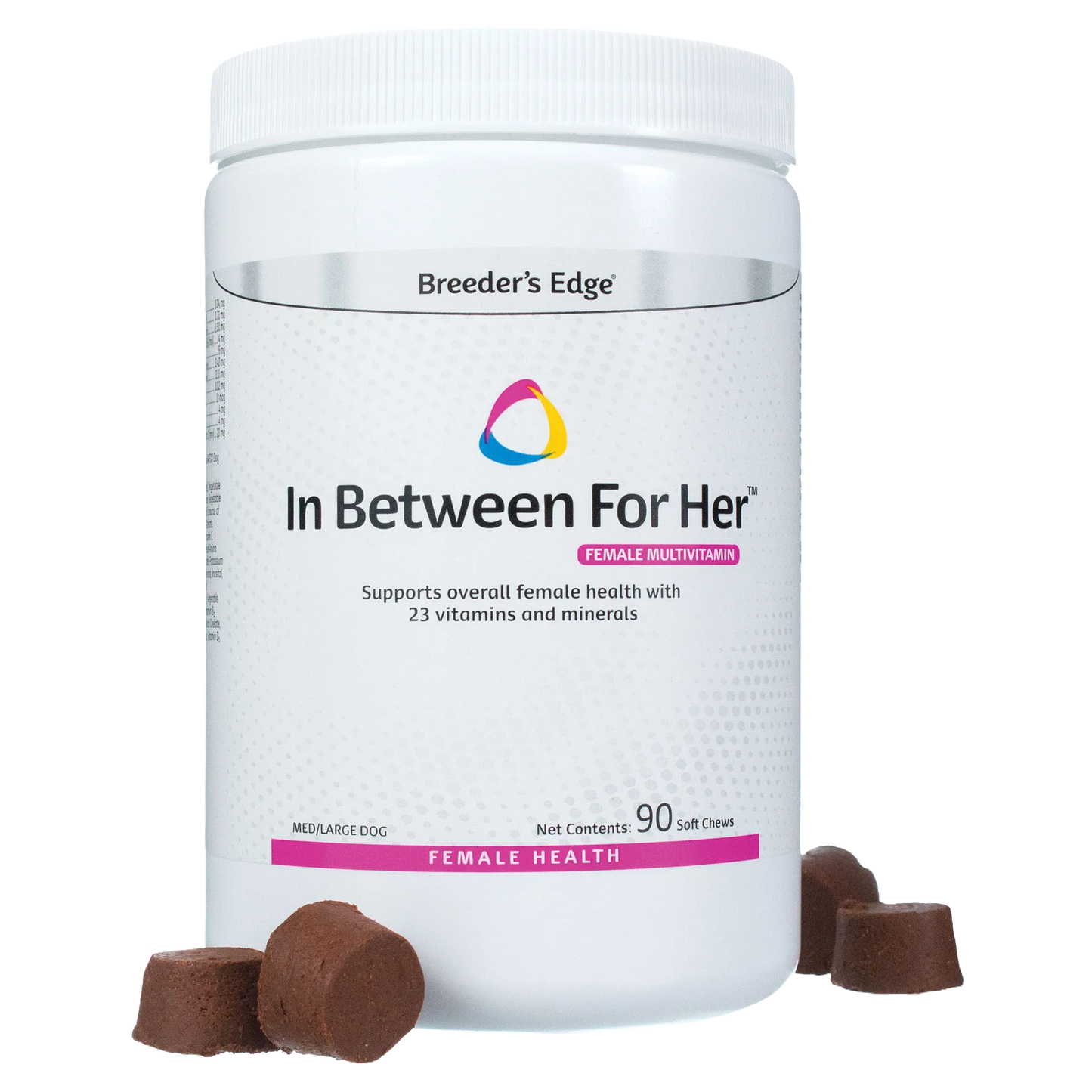 Breeder's Edge® In Between For Her™,"White supplement jar with brown soft chews"