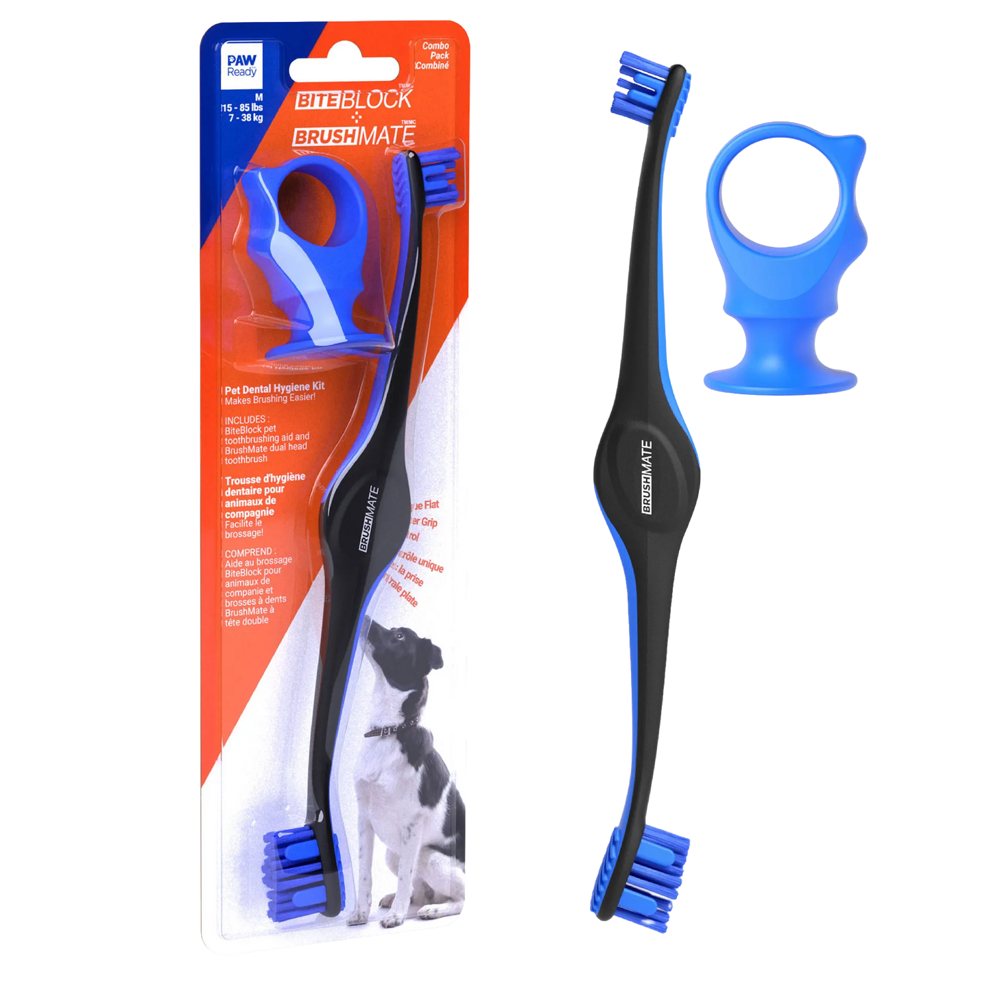 BrushMate Premium Toothbrush with Biteblock,"Packaged dual-head toothbrush with blue bite block insert"