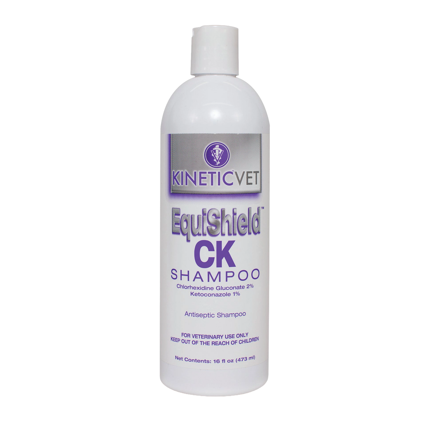 EquiShield® CK Shampoo (Chlorhexidine, Ketoconazole),"White shampoo bottle with flip-top cap and purple label"