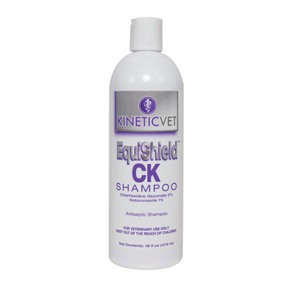 EquiShield® CK Shampoo (Chlorhexidine, Ketoconazole),"White shampoo bottle with flip-top cap and purple label"