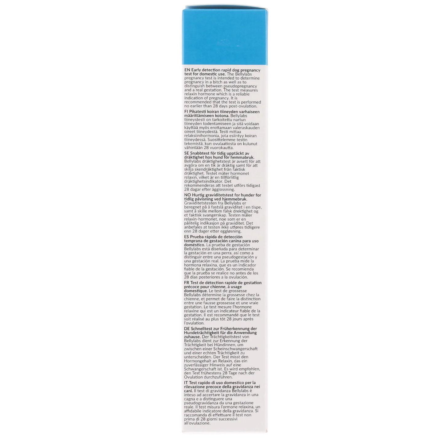 BellyLabs® Canine Pregnancy Test,"Blue box side panel with multilingual instructions"