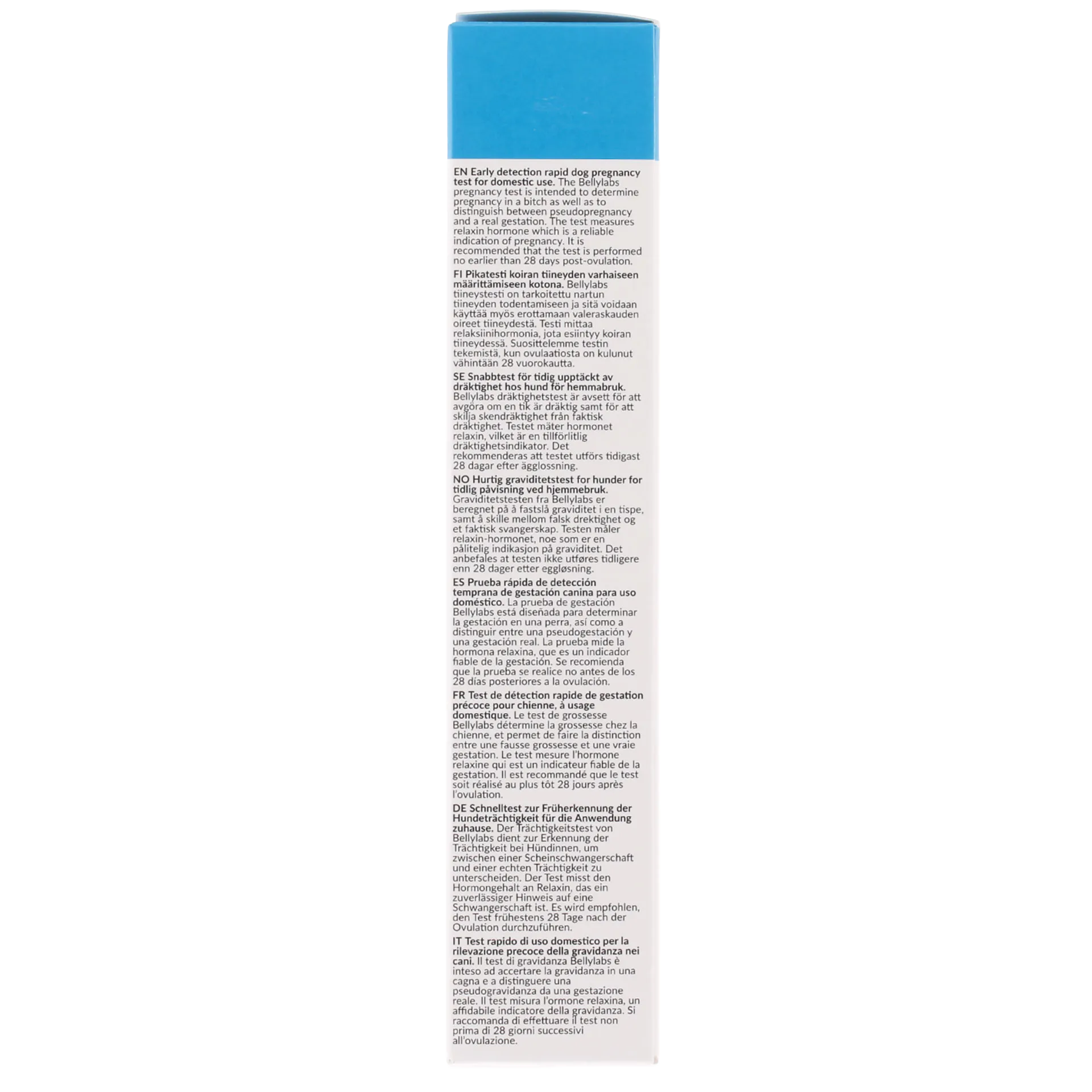 BellyLabs® Canine Pregnancy Test,"Blue box side panel with multilingual instructions"