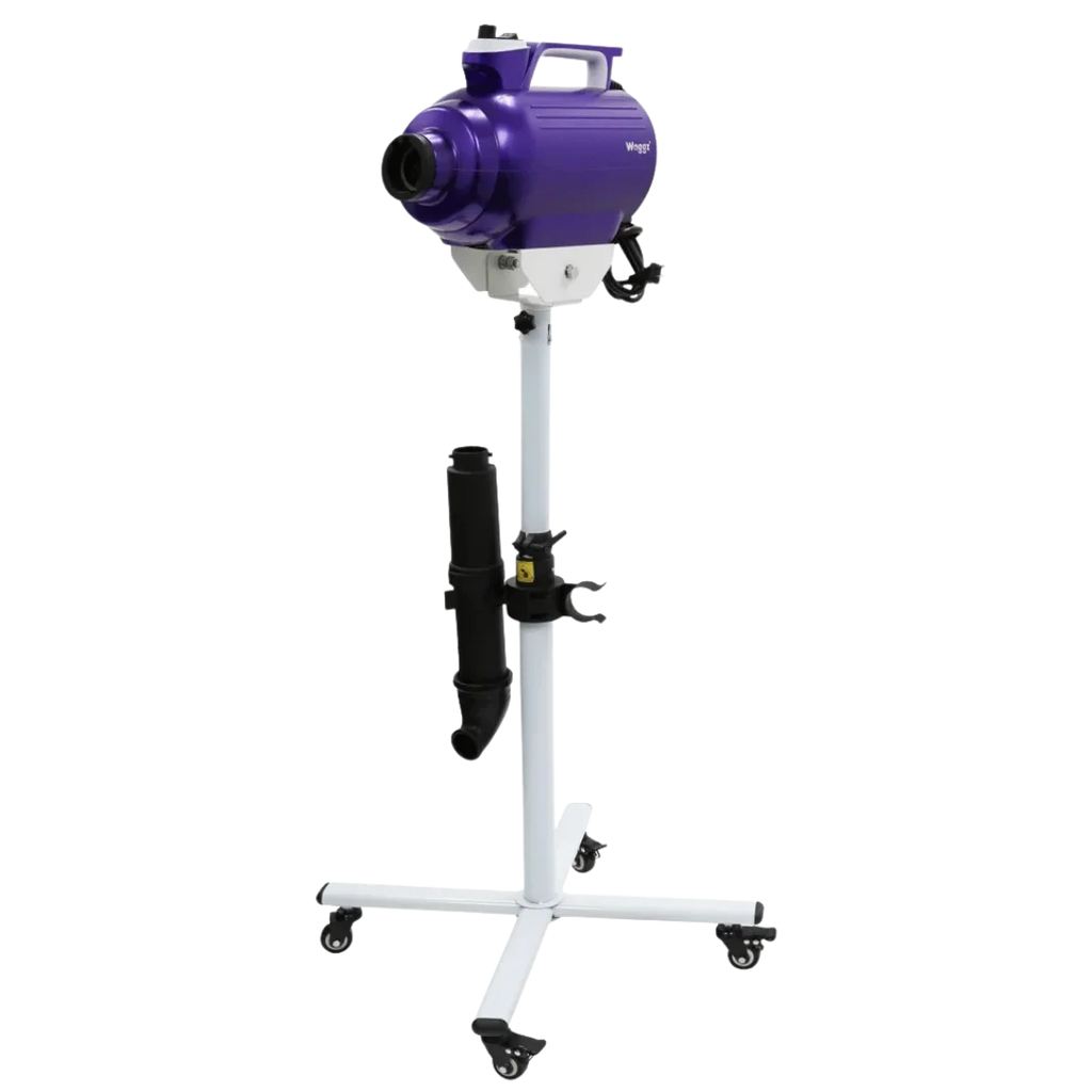 Movable Dryer Stand for Solo-Stream and Duo-Sprint Dryer by Waggz,"Purple dryer mounted on white rolling stand"
