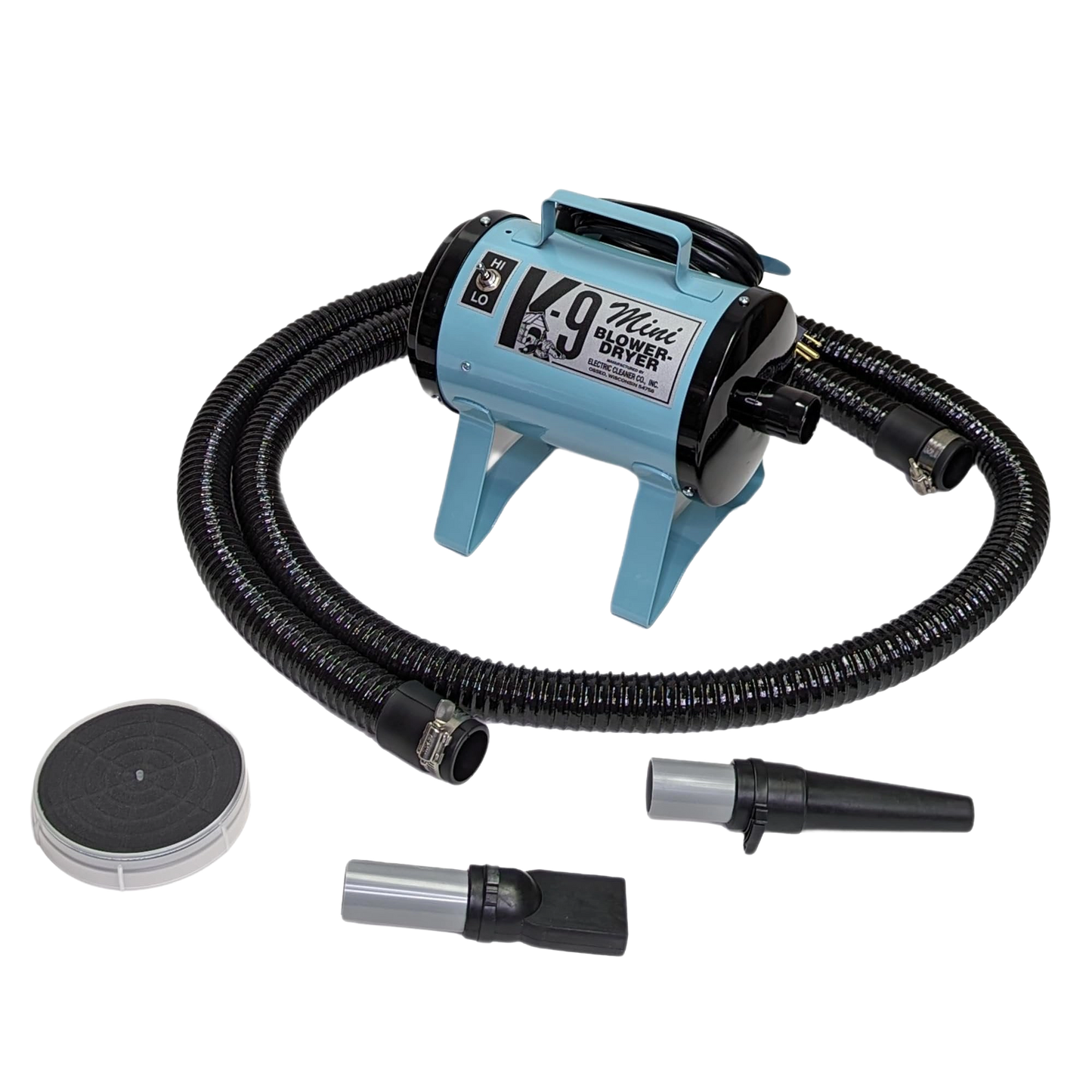Mini K-9 Dog Dryer,"Blue dog dryer with hose, two nozzles, and round filter"