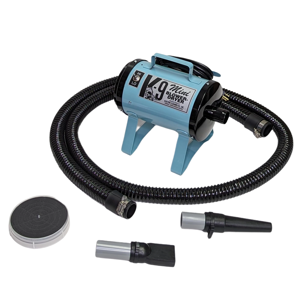 Mini K-9 Dog Dryer,"Blue dog dryer with hose, two nozzles, and round filter"