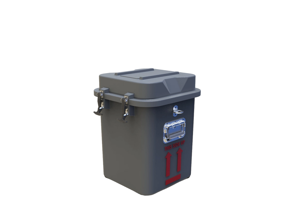 VS4-3 Vapor Shipper,"Gray insulated shipping container with latched lid and side handle"
