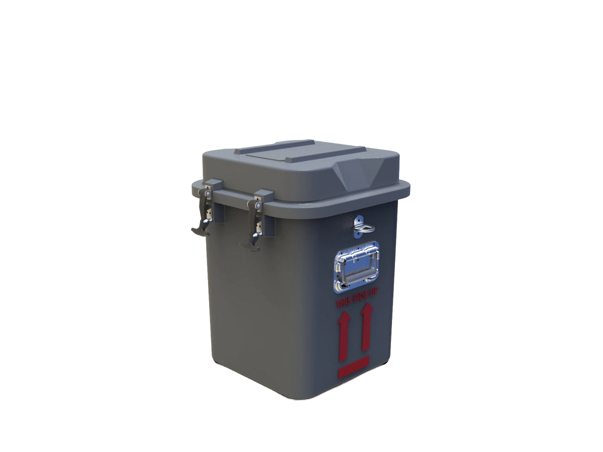 VS4-3 Vapor Shipper,"Gray insulated shipping container with latched lid and side handle"