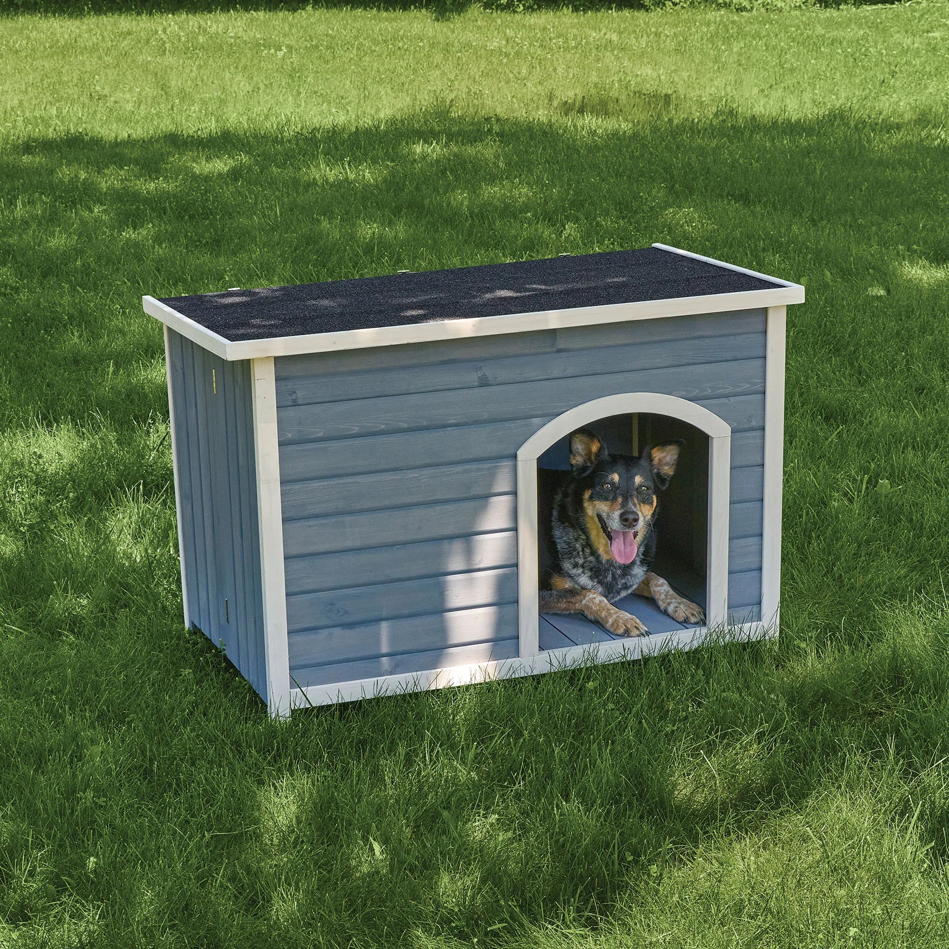 Eilio™ Folding Wood Dog Home,"Gray wooden dog house with arched doorway and dog inside"