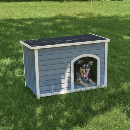 Eilio™ Folding Wood Dog Home,"Gray wooden dog house with arched doorway and dog inside"