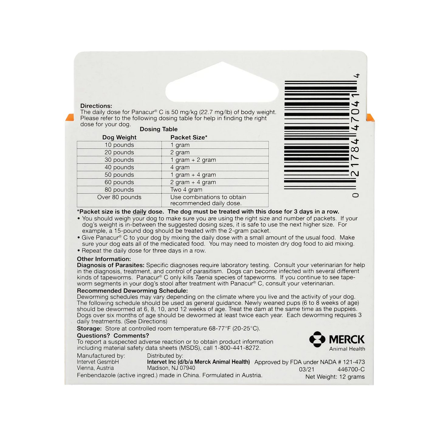Panacur® C Canine Dewormer,"Back of packet with dosing table and barcode"