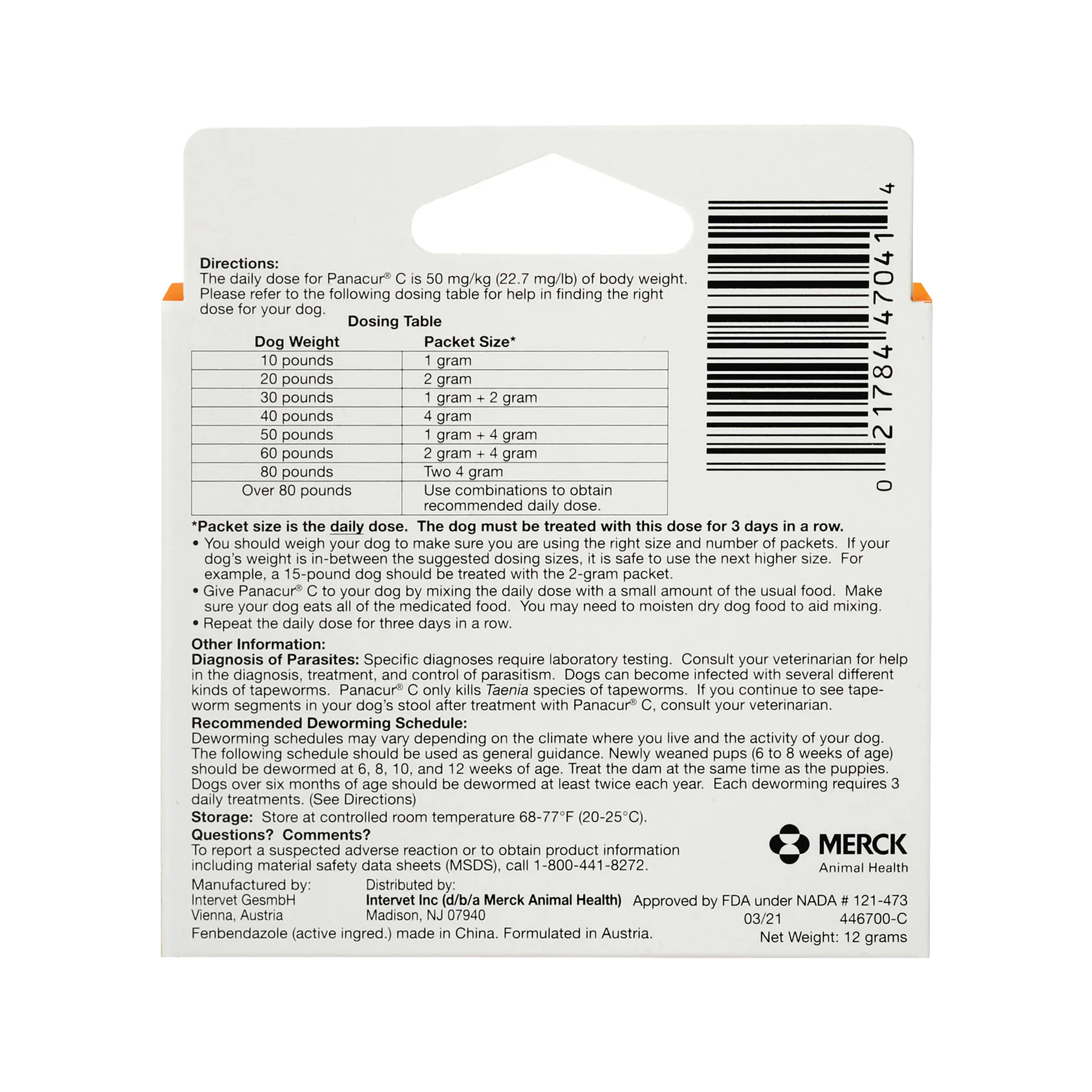 Panacur® C Canine Dewormer,"Back of packet with dosing table and barcode"