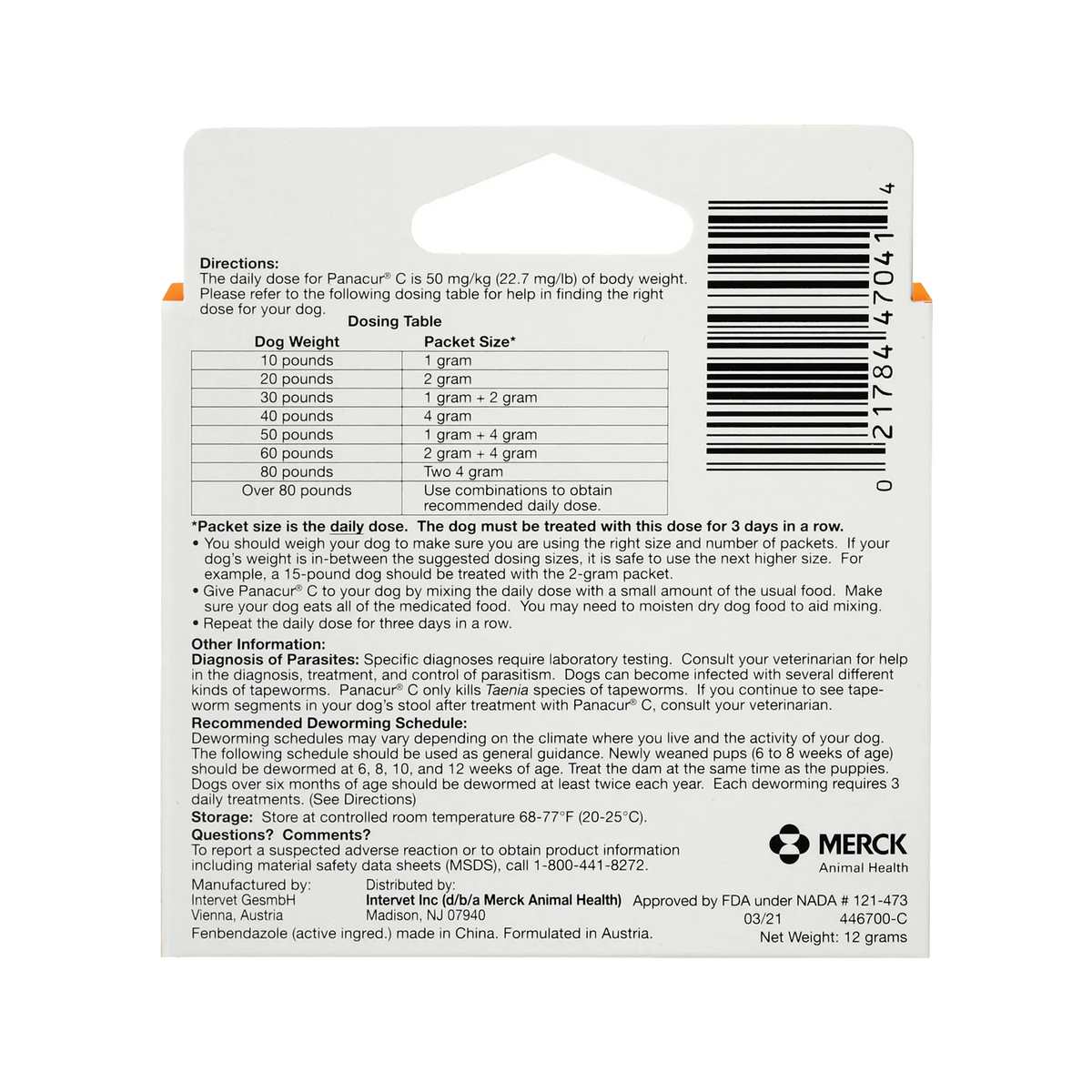 Panacur® C Canine Dewormer,"Back of packet with dosing table and barcode"