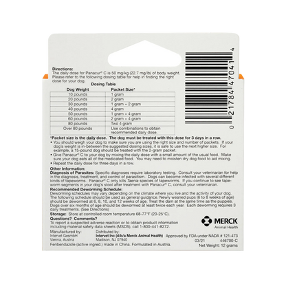 Panacur® C Canine Dewormer,"Back of packet with dosing table and barcode"