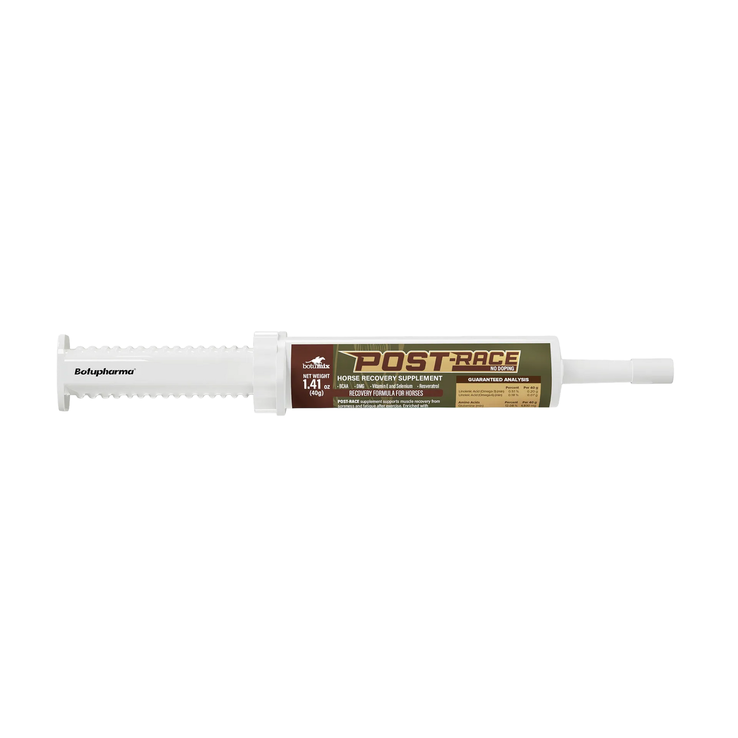 Post-Race,"White oral dosing syringe with printed label and plunger"