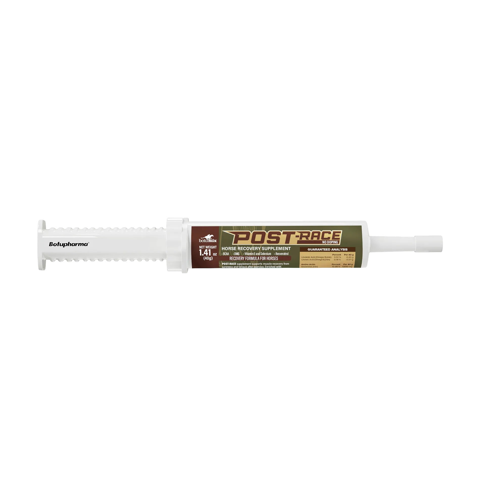 Post-Race,"White oral dosing syringe with printed label and plunger"