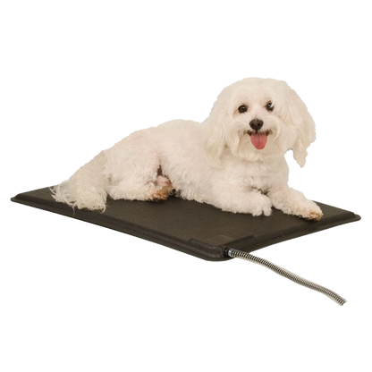Lectro-Kennel® Heated Pad & Cover,"White dog lying on black heated pad with cord"