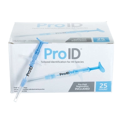 ProID® ISO Microchips,"Box with blue syringe-style applicators and one loose applicator"