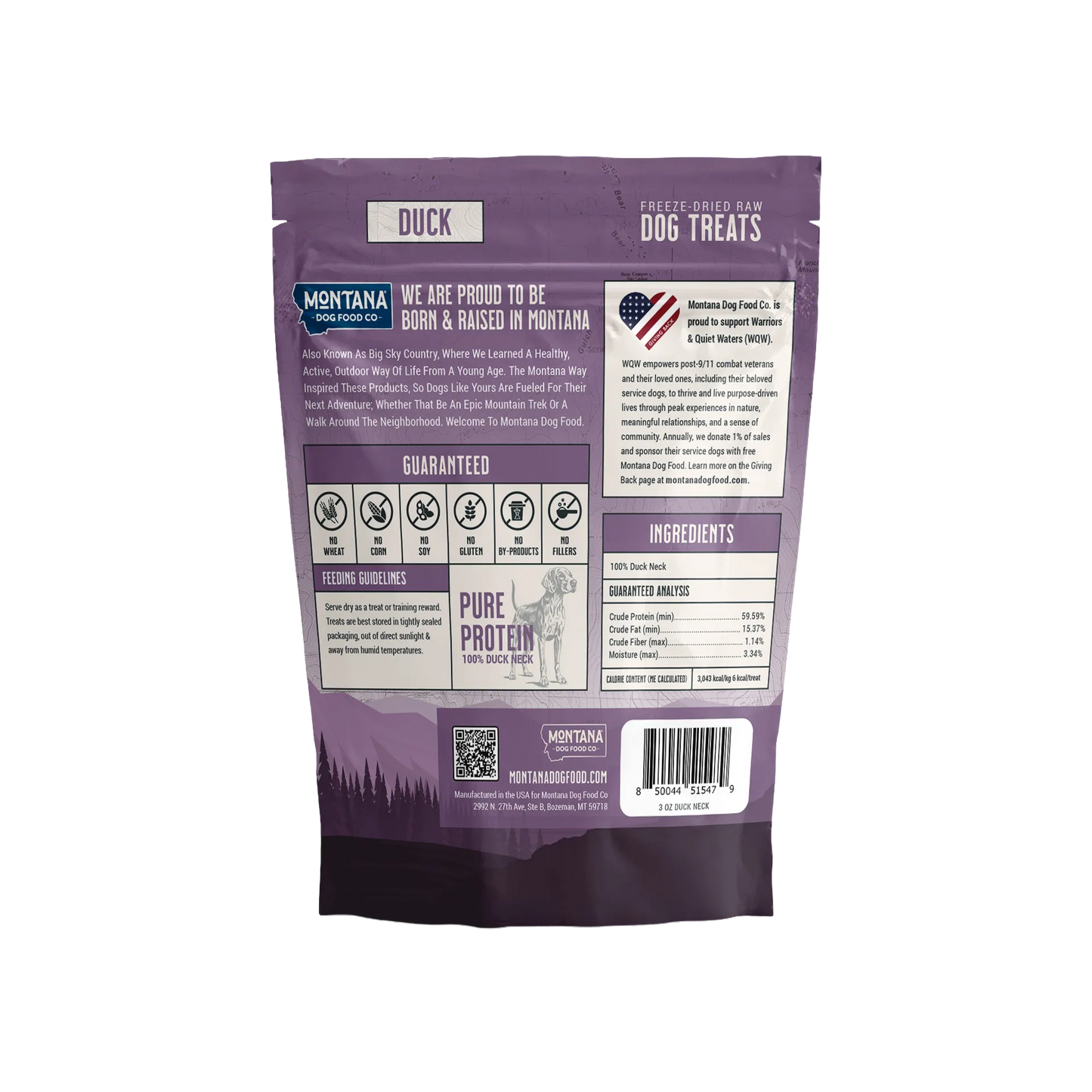 Trail Snacks: Freeze-Dried Raw Dog Treats,"Back of purple treat bag with nutrition panel and barcode"