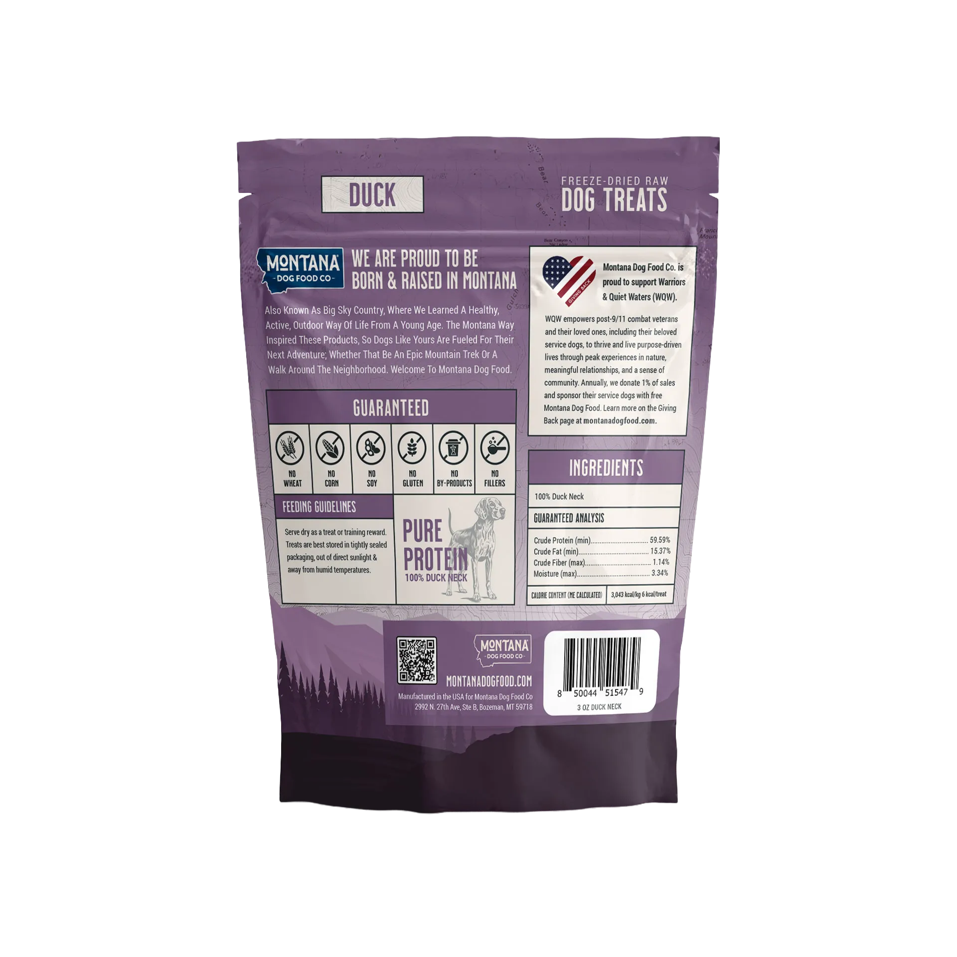 Trail Snacks: Freeze-Dried Raw Dog Treats,"Back of purple treat bag with nutrition panel and barcode"