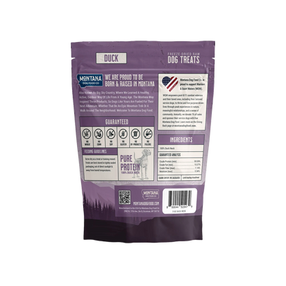 Trail Snacks: Freeze-Dried Raw Dog Treats,"Back of purple treat bag with nutrition panel and barcode"