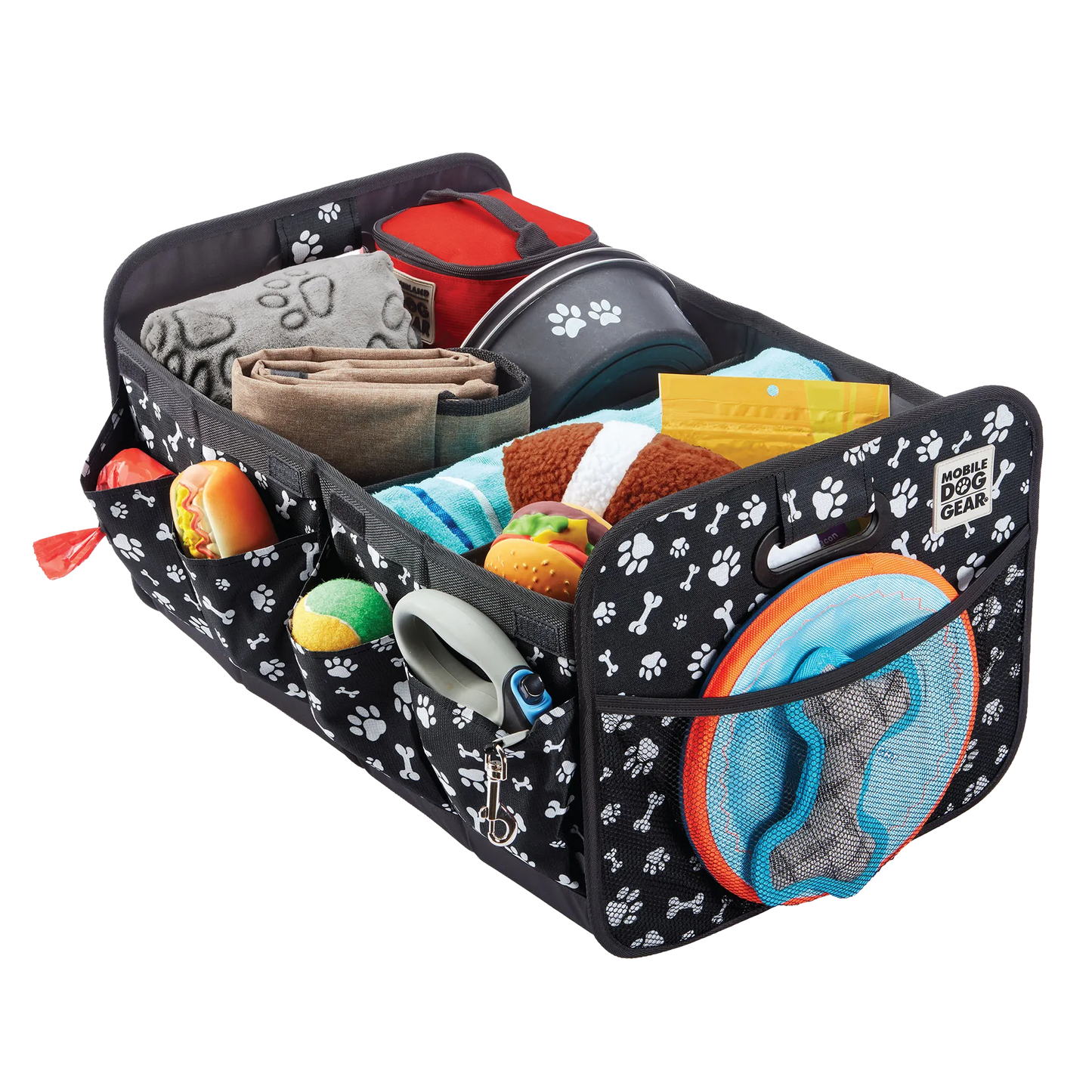 Dogssentials Collapsible Storage Organizer,"Black collapsible pet organizer filled with dog travel accessories"