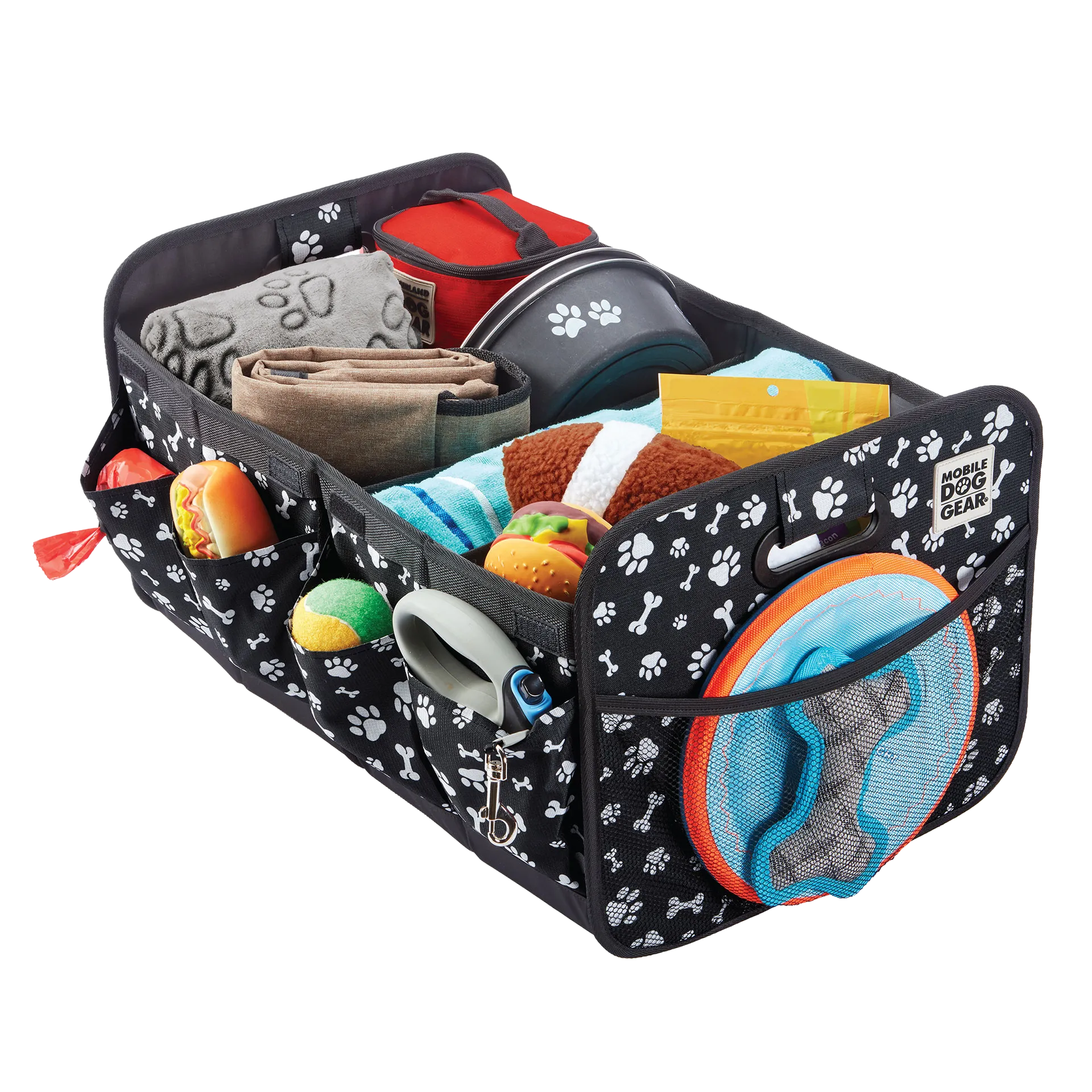 Dogssentials Collapsible Storage Organizer,"Black collapsible pet organizer filled with dog travel accessories"